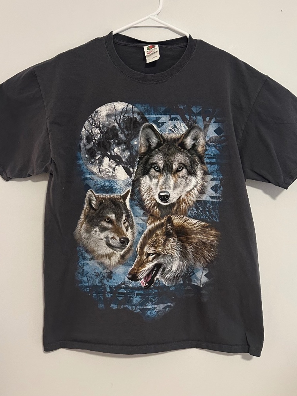 Wolf & Moon Animal Print T-Shirt Large Gray Gothic Y2K Short Sleeve